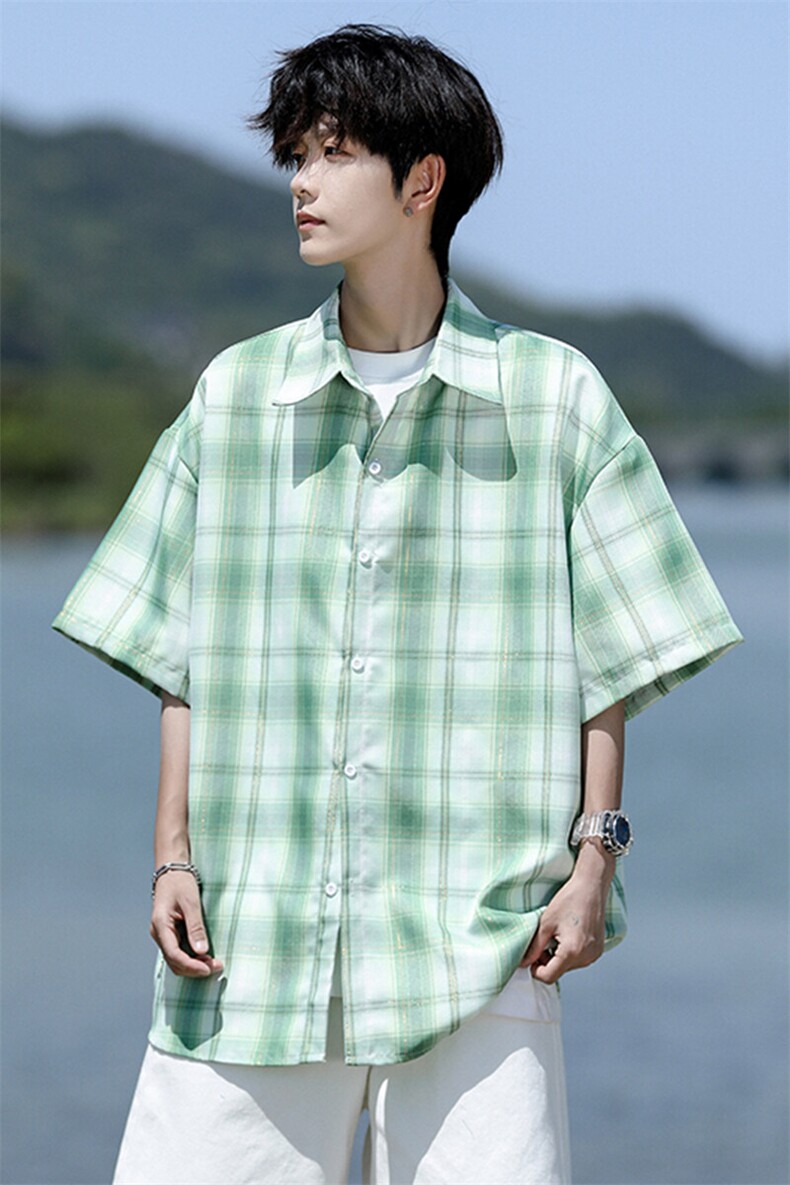 8XL-M格子短袖衬衫男夏季薄款DK制服衬衣JK学院风半袖外套DC28004,男装衬衫,电商B312