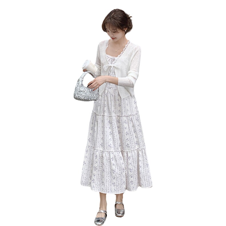 白色温柔风碎花吊带连衣裙套装女2025夏日绝美穿搭蕾丝开衫两件套,女装套装/套裙,2C177