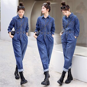 时尚显瘦牛仔连体裤女宽松高腰长袖工装裤，女装连体裤，秋水欣儿