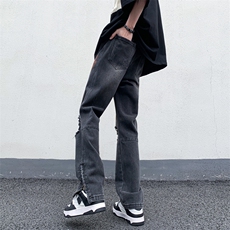 B221美式ins高街暗黑小众拉链喷墨破洞牛仔裤LK23085-P65控88，男装牛仔裤，电商B221