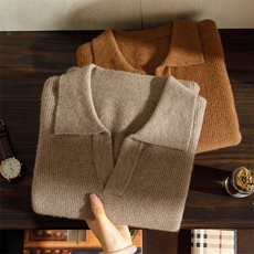 海鸥领纯山羊绒衫男士宽松翻领打底衫秋季新款坑条纹针织衫男装，男装羊绒套衫，澳坤羊绒