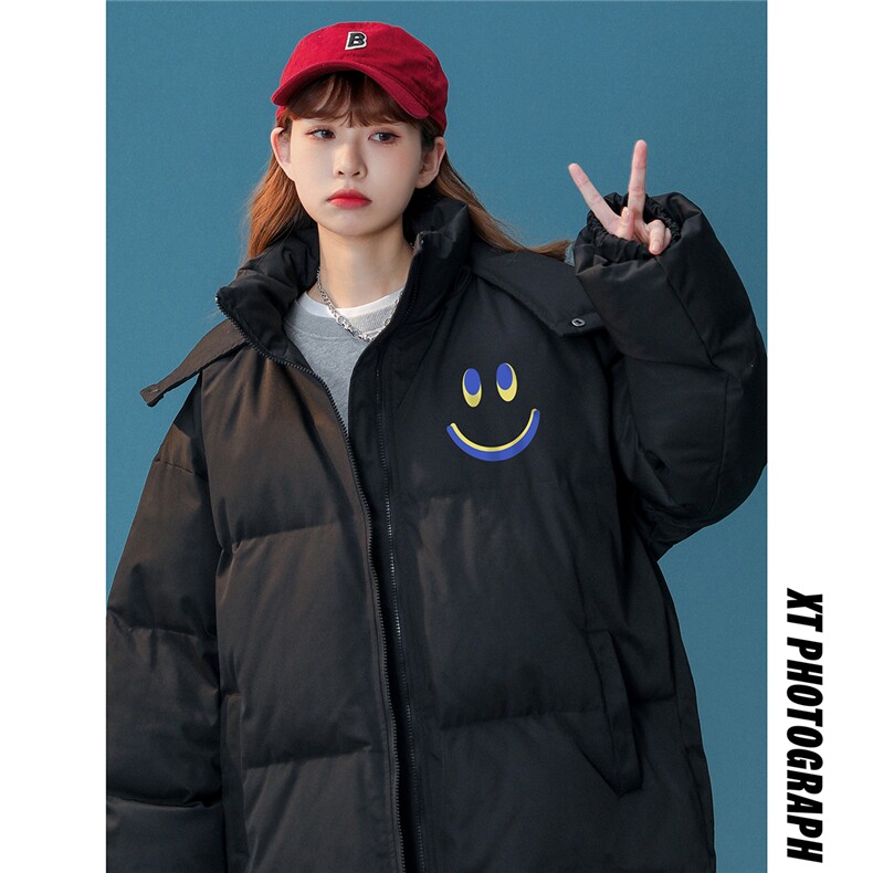中性风22冬季新品笑脸印花连帽面包服棉服宽松棉衣MY202P115控148,男装棉衣,A247A