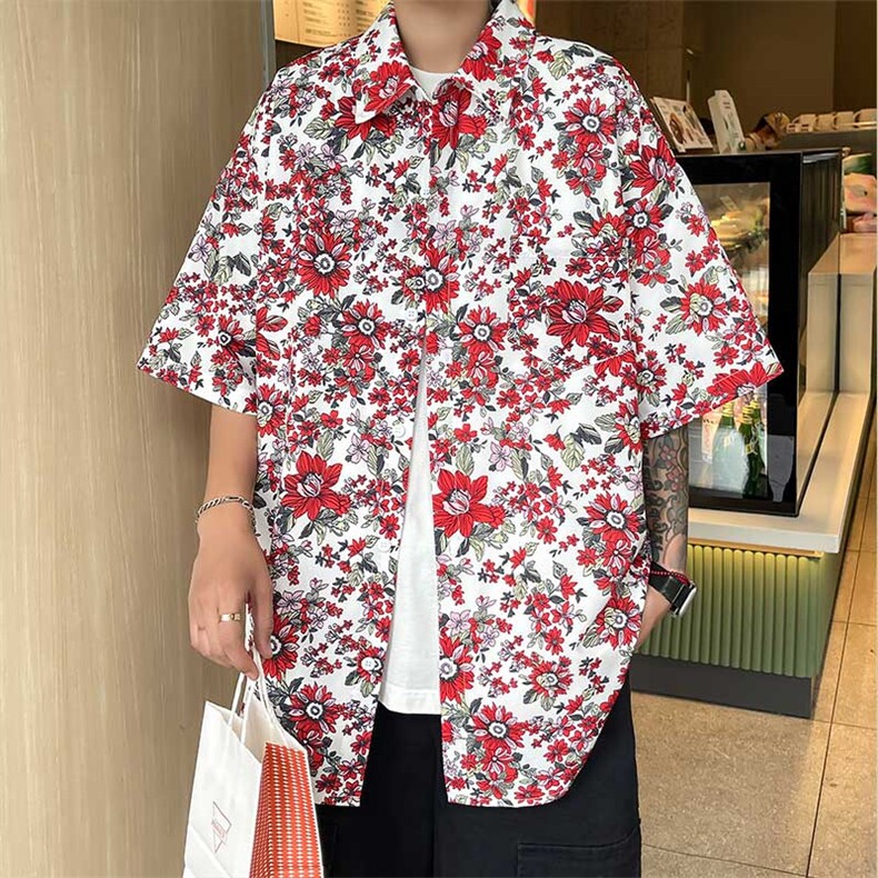 泰式花衬衫短袖男夏季薄款冰丝五分袖衬衣中国风印花宽松大码寸衫,男装衬衫,电商A128