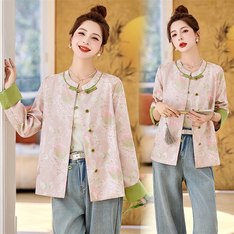 2025新款春装缎面宽松复古百搭通勤花色圆领短外套，女装短外套，然然