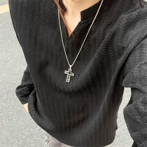 美式高街千鸟格子长袖T恤男女亨利V领英伦雅痞休闲宽松长袖打底衫图片
