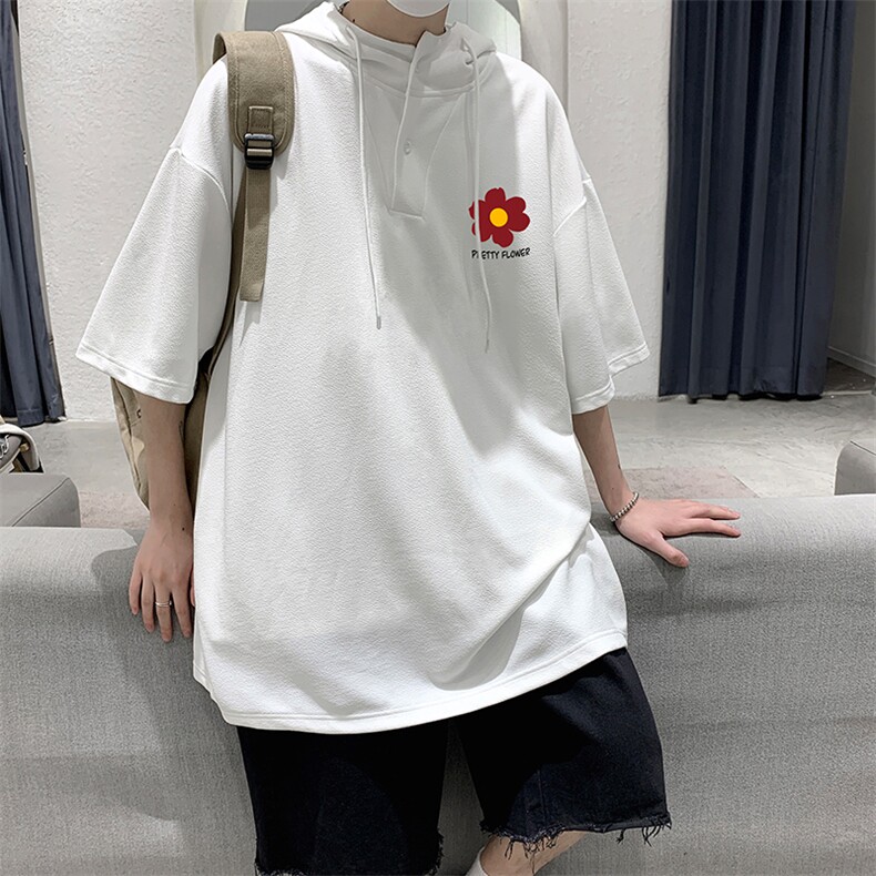 LD54257-P45连帽短袖t恤男大码胖子带帽五分袖中袖大皂风,男装T恤,电商A040