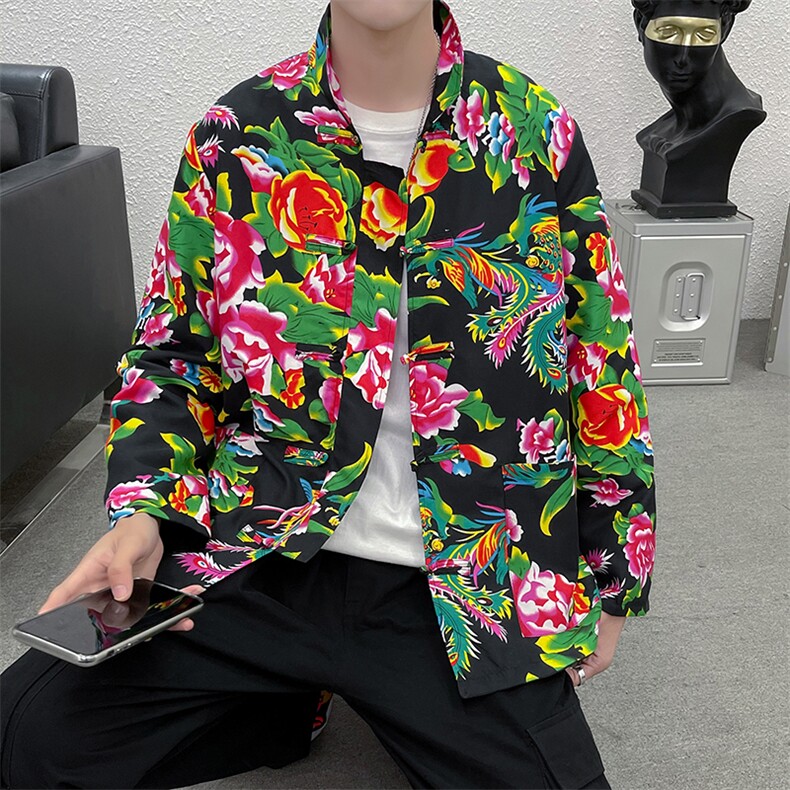 PK01东北大花布汉服春秋男女二人转抖音民族风农家乐年会演出，男装夹克，星座115A(原星座507）