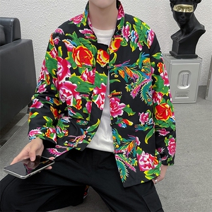 PK01东北大花布汉服春秋男女二人转抖音民族风农家乐年会演出,男士立领羽绒服搭配连帽卫衣图片