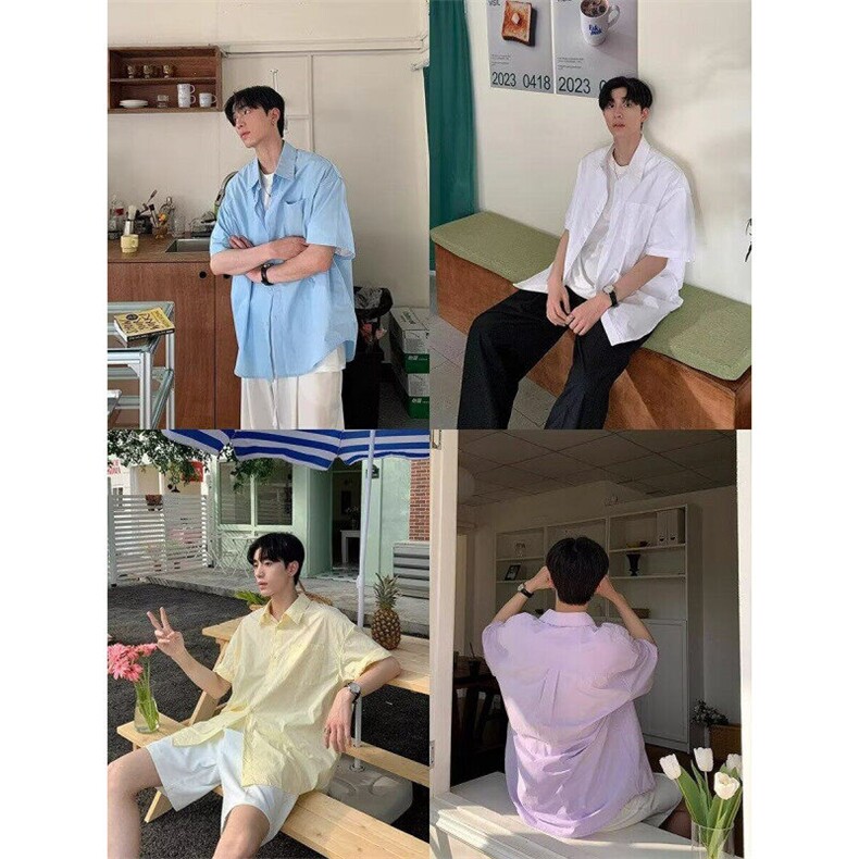 Q100/P40复古衬衫男夏装港风学生宽松纯色短袖衬衣男装上衣,男装衬衫,星座1506