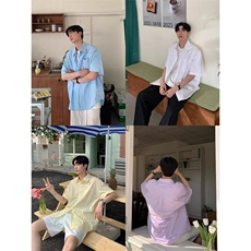 Q100/P40复古衬衫男夏装港风学生宽松纯色短袖衬衣男装上衣，男装衬衫，星座1506
