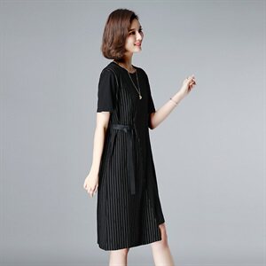 条纹短袖时尚休闲优雅2021年夏季中长款可收束腰连衣裙女图片