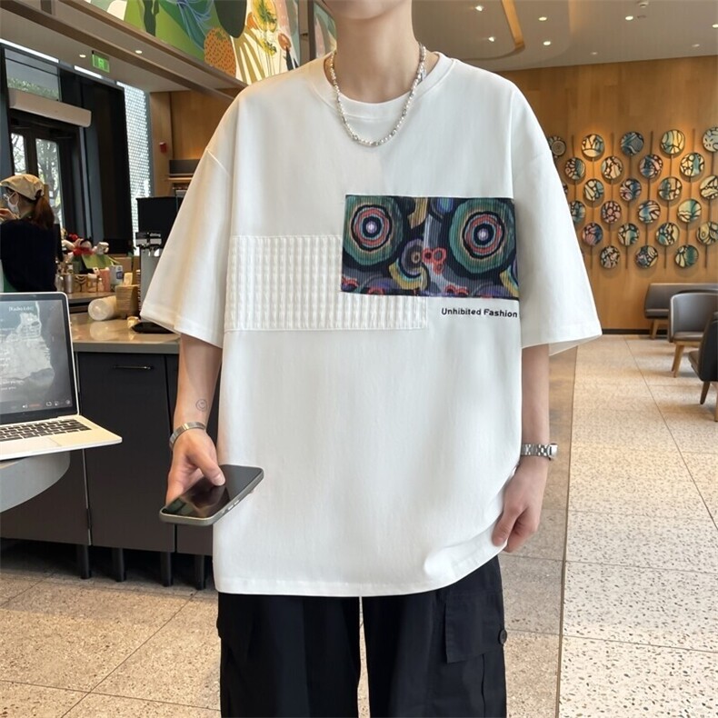 25175-特P40夏季港风宽松T恤男短袖打底衫青少年潮牌拼接短袖T恤图片
