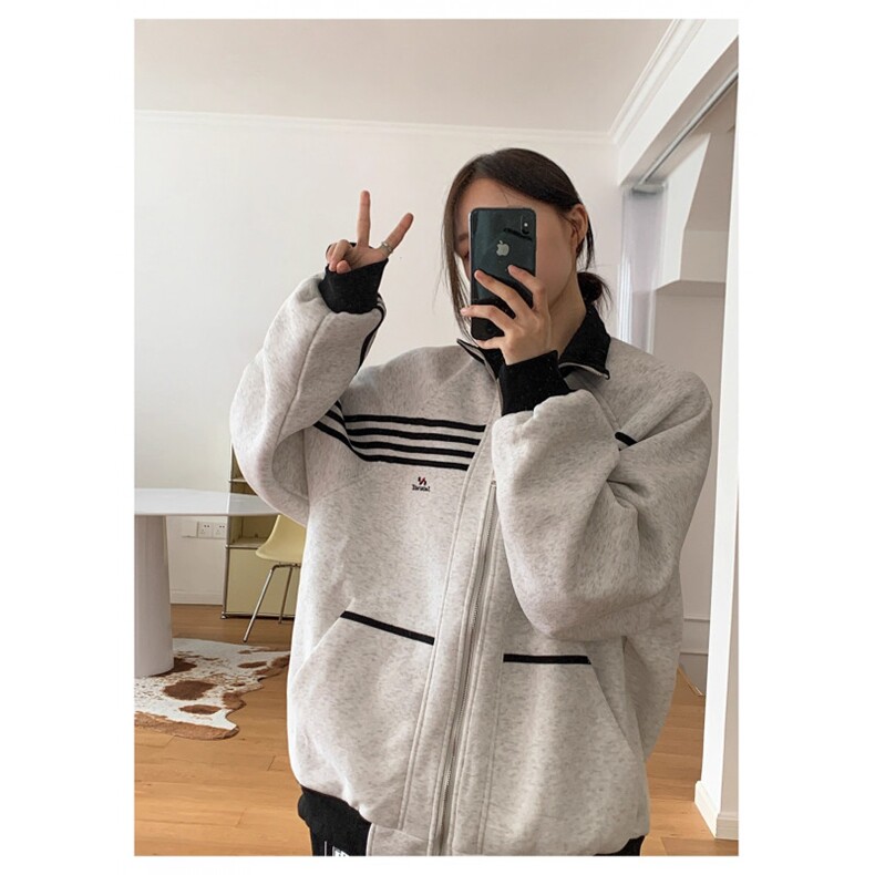美式复古立领条纹运动外套男潮牌重磅宽松休闲棒球服百搭卫衣,女装短外套,四季星座505