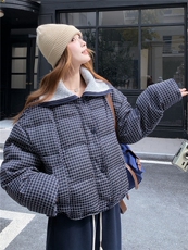 学院风格子羽绒服女2025冬新款短款翻领宽松外套加厚白鸭绒面包服，女装羽绒服，慧尚依恋