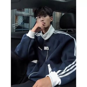 网图美式拼接三条杠卫衣男女款春秋季重磅潮牌百搭情侣条纹外套图片