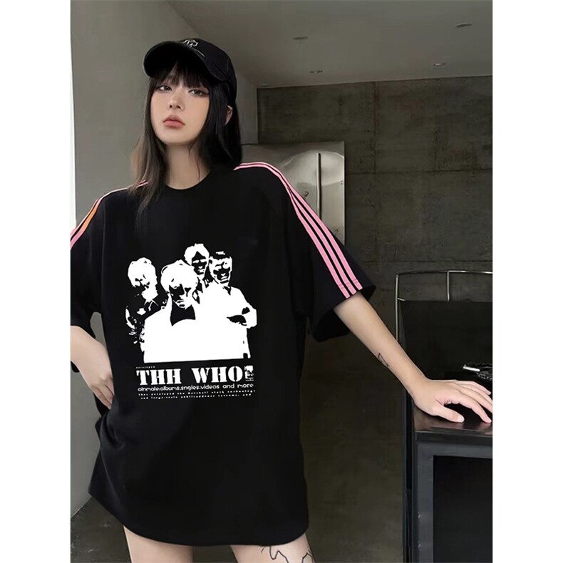 抖音得物品质二开240克宽松纯棉美式潮牌印花三条杠中性风短袖T恤,男装T恤,电商A486-1