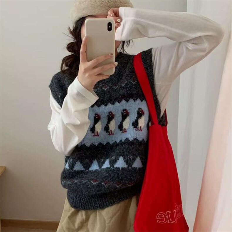 女士企鹅刺绣背心长袖2025年秋季,女装羊毛衫,萱芳婷羊绒