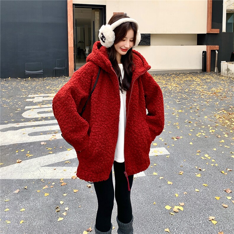 2C085-Q125P225K358新年红羊羔毛中长款外套,女装短外套,2C085