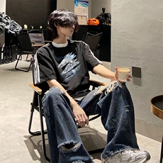 抖音得物高品质二开240克宽松纯棉美式潮牌三条杠织带短袖T恤，男装T恤，电商A486-1