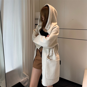 慵懒厚连帽收腰羊毛宽松毛呢外套保暖2025秋冬女双面羊绒大衣灰色,女装双面呢大衣,蒙绒特