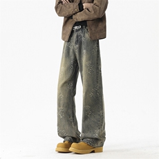 B221美式ins高街暗黑宽松直筒提花牛仔裤LK24396-特P52控88，男装牛仔裤，电商B221