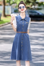 短袖牛仔衬衫连衣裙女中长款2025夏季新款单排扣腰带泡泡袖拼接潮，女装连衣裙，贵人树