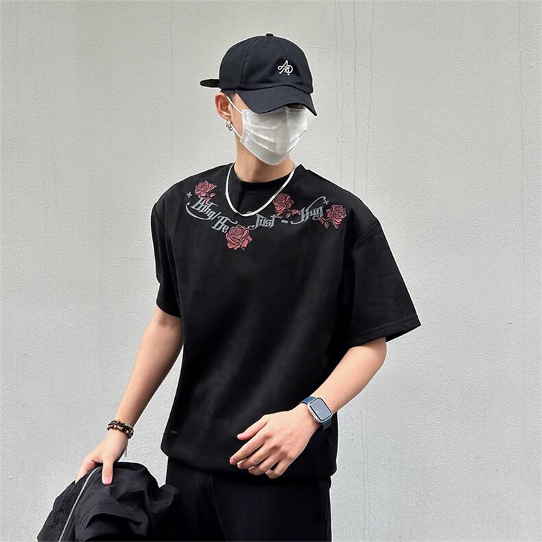 抖音得物直供货高品质短袖240克美式高街麂皮绒印花短袖t恤AJD01图片