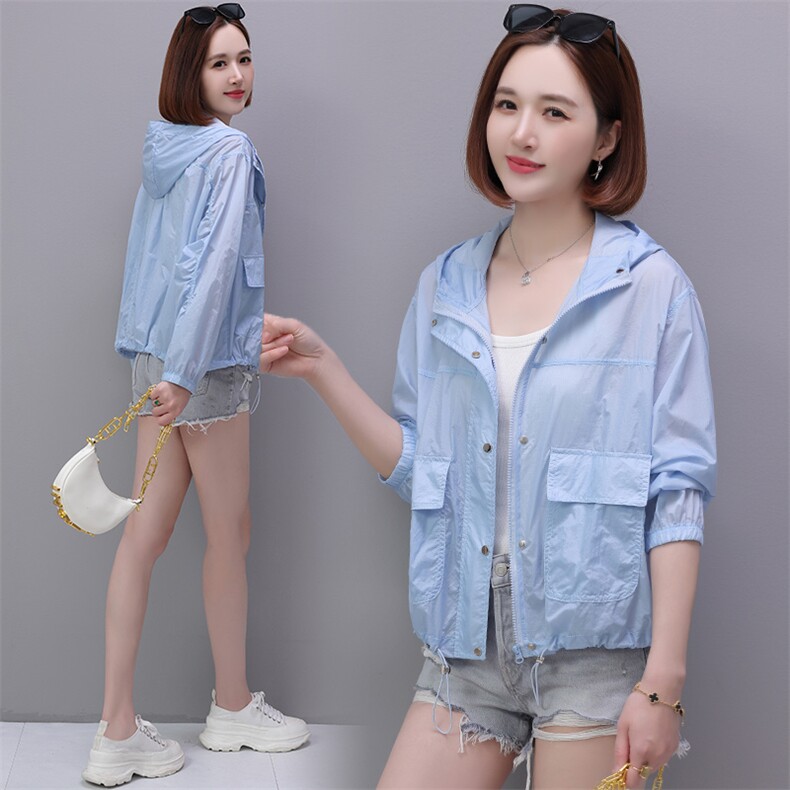 夏季轻薄透气连帽防晒衣女大版宽松拉链薄外套防晒开衫中长款，女装防晒衣，依万里