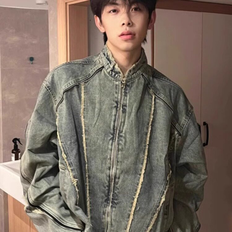 美式复古解构毛边水洗牛仔外套男士街头机车夹克流苏WLJ3156-P69,男装工装外套,星座1008