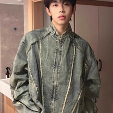 美式复古解构毛边水洗牛仔外套男士街头机车夹克流苏WLJ3156-P69，男装工装外套，星座1008