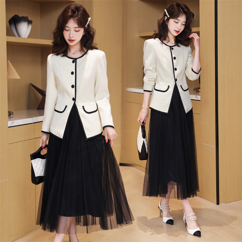 2024新款秋装女小香风短款西装简约撞色边设计感时尚气质两件套装，女装套装/套裙，时尚俏佳人