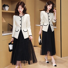 2024新款秋装女小香风短款西装简约撞色边设计感时尚气质两件套装，女装套装/套裙，时尚俏佳人