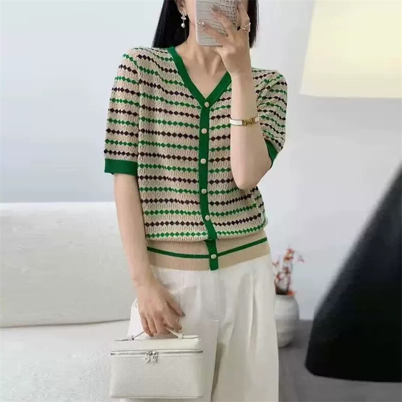 夏季新款时尚气质短袖针织衫女修身显瘦百搭休闲上衣，女装针织衫/毛衣，郡淞羊绒