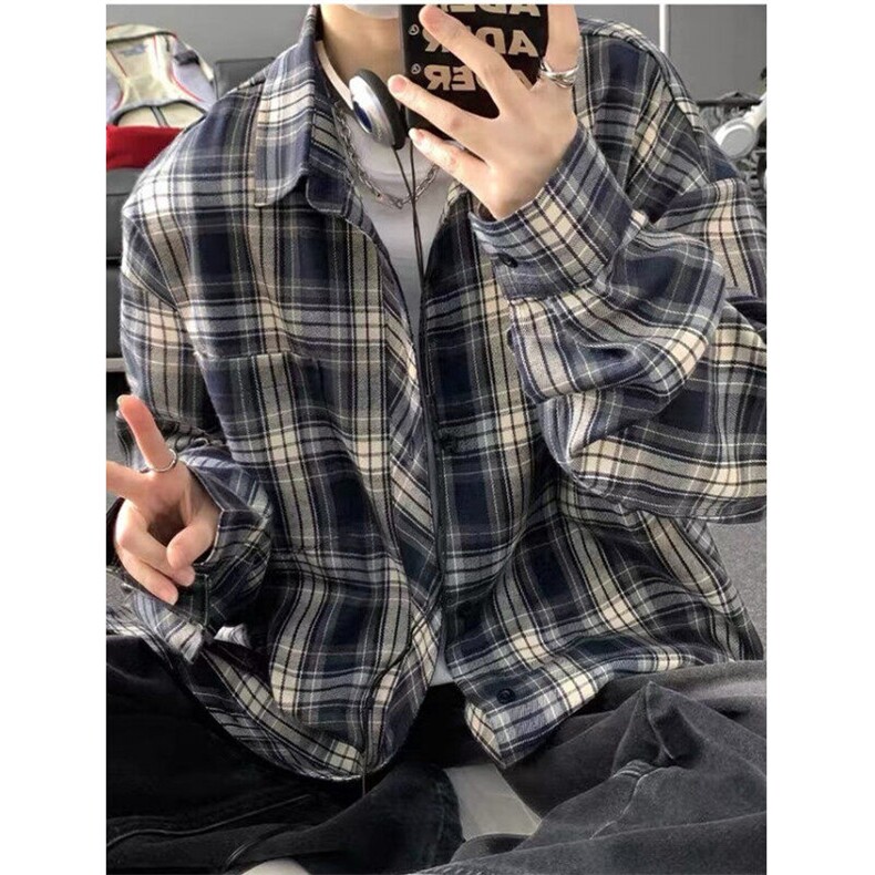 格子衬衫男女生款2025新款宽松休闲长袖百搭衬衣复古外套CS309,男装衬衫,星座1116A（原606A-3）