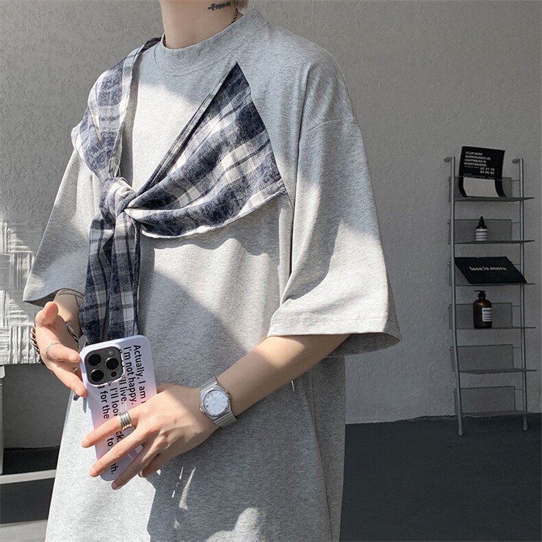 T10128-特批32控58曼巴棉大码撞色拼接个性小众T恤短袖潮,男装T恤,电商A059