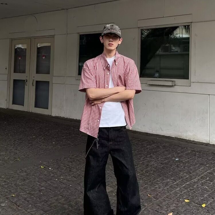 百搭夏季新款美式潮牌高级感小众格子短袖衬衫男女潮复古翻领衬衣,男装T恤,星座506A