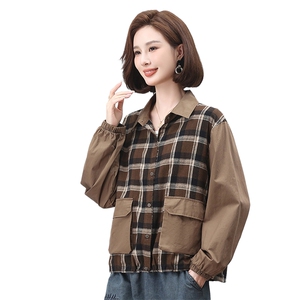 时尚格子拼接长袖衬衫女宽松显瘦百搭休闲上衣秋装新款韩版衬衣图片