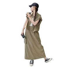 新品军绿色上衣+工装半身裙两件套套装7633-P135-K198，女装套装/套裙，2C159