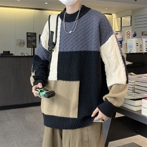 秋冬撞色拼接宽松毛衣外套男ins外穿针织衫潮牌线衣MY0224-P45