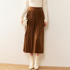 2024秋款高腰显瘦百褶裙女长款气质优雅羊毛半身裙，女装半身裙，戎美山