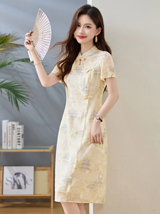 高级中式改良印花连衣裙女夏季2025新款收腰系带一片式裹身优雅图片