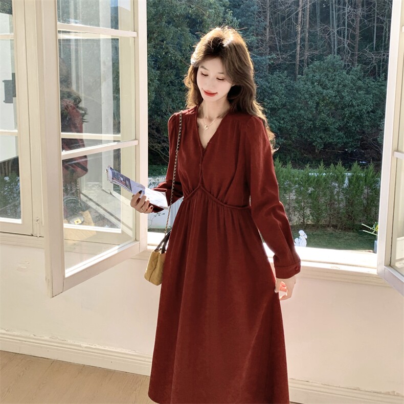 新品2C273-1102-P145-K238红色灯芯绒V领气质连衣裙,女装连衣裙,2C273