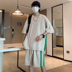 DXYK7-P55港风华夫格拼接短袖两件套套装T恤五分裤短裤男，男装休闲套装，星座1204-3