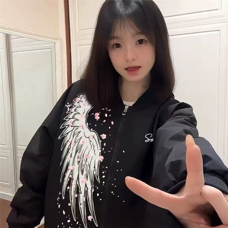 美式复古潮流翅膀印花棒球服女2025春秋新款宽松慵懒风情侣外套潮,女装短外套,四季星座505