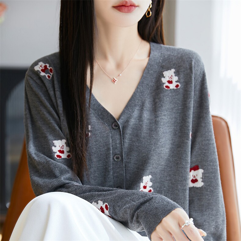 春季新款通勤简约舒适百搭提花针织开衫长袖，女装针织衫/毛衣，吉高羊绒