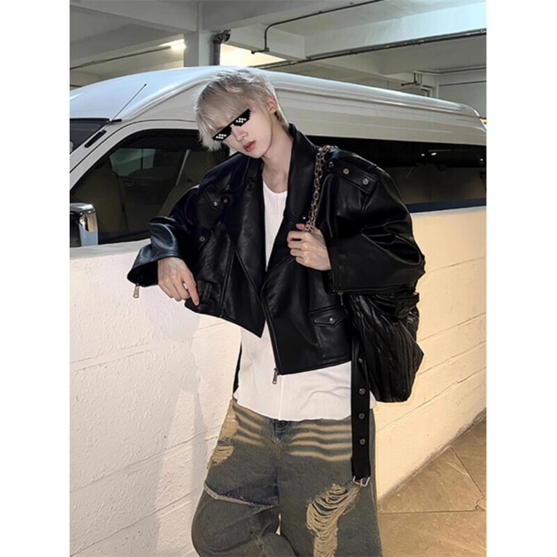 短宽廓形高腰皮衣痞帅高级感垫肩外套机车服JK746特P82，男装皮衣，星座908-1