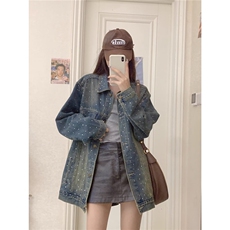 水洗烫钻牛仔外套女春秋新款复古美式韩版宽松休闲气质高级感上衣，男装工装外套，星座506A