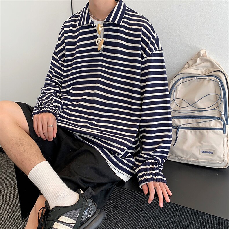 2021日系潮流复古牛角扣卫衣休闲宽松条纹长袖POLO衫W1841-P33,男装卫衣,星座512-2