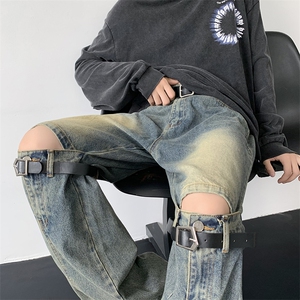 美式高街复古做旧微喇牛仔裤男设计感小众潮牌阔腿长裤NK8860-P62图片