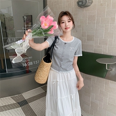 薄款泡泡袖套装百褶夏季女套头单排扣高腰法式公主风短袖裙子显瘦，女装套装/套裙，2D148
